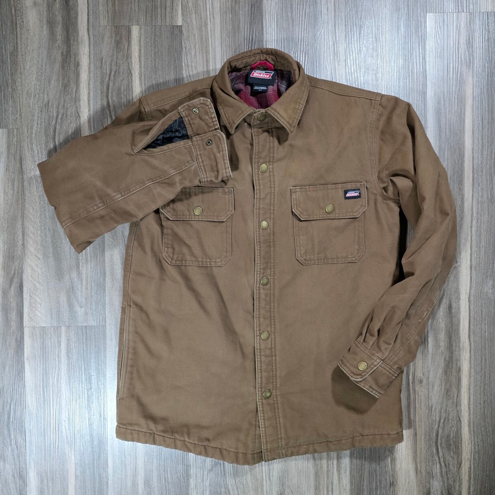 Genuine Dickies Mens Brown Canvas Flannel Lined Snap Front Work Shirt Jacket S